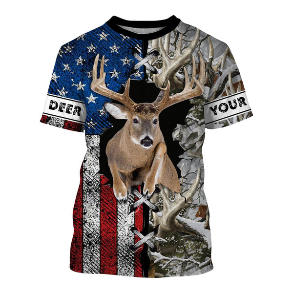 Maxcorners White-Tailed Deer Hunting Us Flag Snow Camo Custom Name