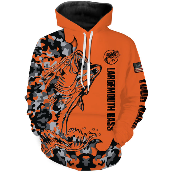 Max Corners Largemouth Bass Fishing Orange Camouflage custom Name Hoodie