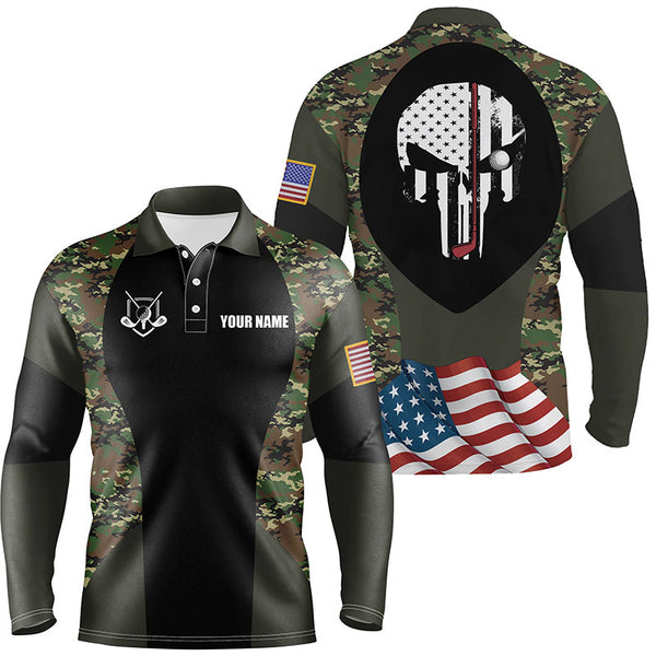 Max Corner American Flag Skull Custom Name Golf Polo Shirts Green Camo Golf Shirts For Men, Golf Gifts