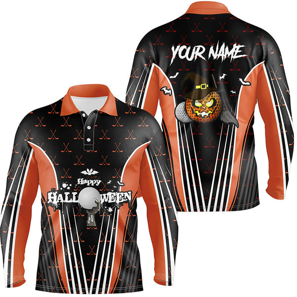 Max Corner Happy Halloween Mens Golf Polo Shirts Custom Orange Black Golf Shirts For Men