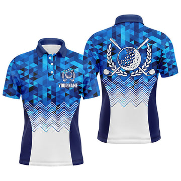 Max Corner Mens Blue Geometric Golf Polo Shirts Custom Triangle Pattern Golf Shirts For Men, Cool Golf Gifts