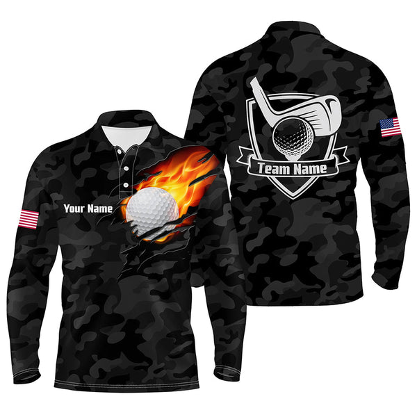 Max Corner Black Camo Fire Golf Ball Flame Mens Golf Polo Shirts Custom American Flag Golf Shirts For Men