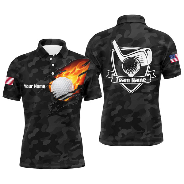 Max Corner Black Camo Fire Golf Ball Flame Mens Golf Polo Shirts Custom American Flag Golf Shirts For Men