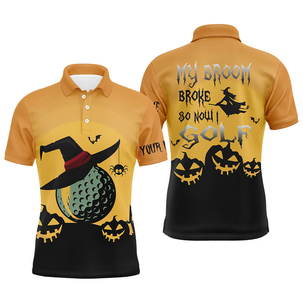 Max Corner My Broom Broke So Now I Golf Orange Mens Halloween Polo Shirts Witch Scary Golf Gifts For Men