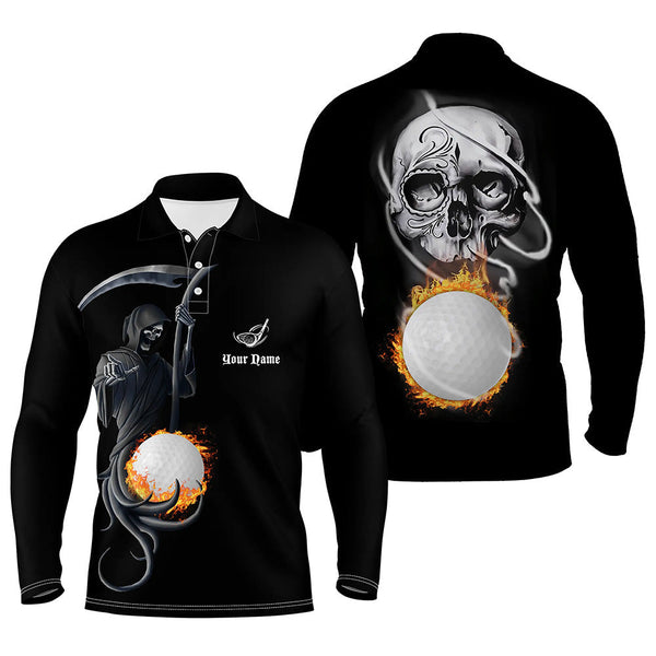 Max Corner Fire Golf Ball Skull Golf Shirts For Men, Custom Skeleton Mens Golf Shirts, Halloween Golf Gifts