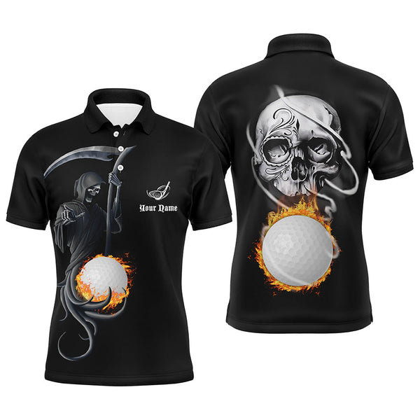 Max Corner Fire Golf Ball Skull Golf Shirts For Men, Custom Skeleton Mens Golf Shirts, Halloween Golf Gifts