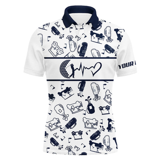 Max Corner Navy And White Mens Love Golf Polo Shirts Funny Golf Heartbeat Tops For Men, Cool Golf Gifts