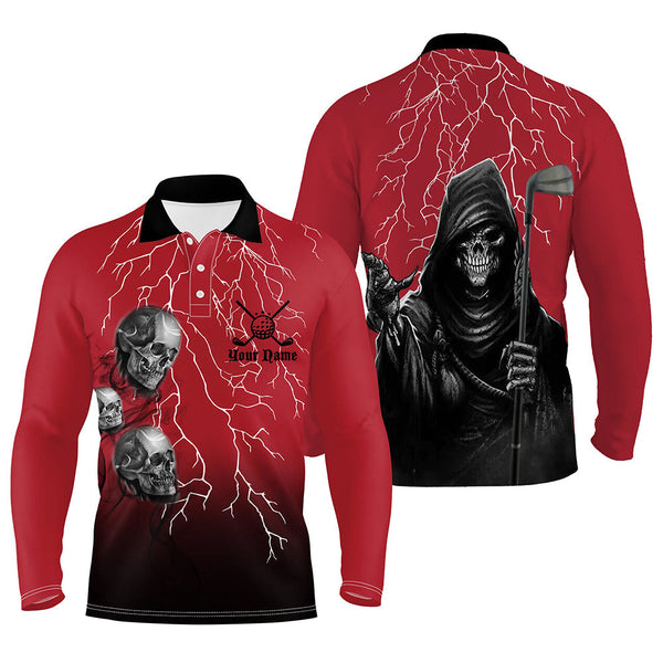 Max Corner Red & Black Lightning Mens Golf Polo Shirts Custom Skull Golf Shirts For Men