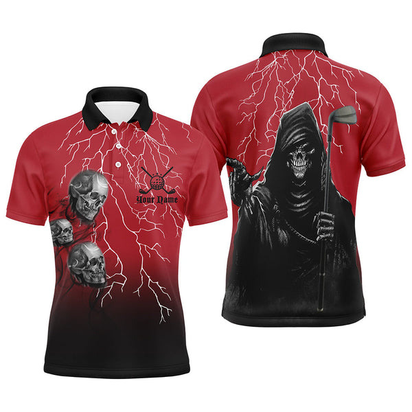 Max Corner Red & Black Lightning Mens Golf Polo Shirts Custom Skull Golf Shirts For Men