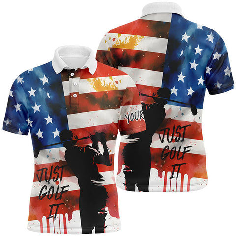 Max Corner Watercolor American Flag Just Golf It Mens Golf Polo Shirts, Customized Golf Shirts For Mens