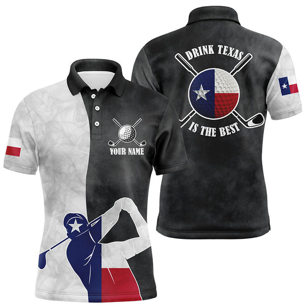 Max Corner Texas Flag Mens Golf Polo Shirts, Black And White Patriotic Golf Shirts For Men