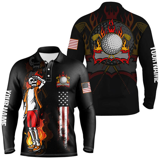 Max Corner Mens Fire Skull Golf Polo Shirt, American Flag Golf Shirts For Men Crazy Skull Golf Shirt