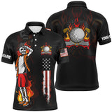 Max Corner Mens Fire Skull Golf Polo Shirt, American Flag Golf Shirts For Men Crazy Skull Golf Shirt