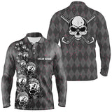 Max Corner Elegant Argyle Pattern And Skull Mens Golf Polo Shirts, Black Skull Golf Shirts For Men