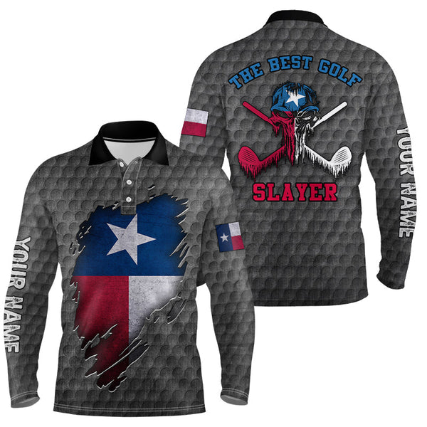 Max Corner Grey Ripped Texas Flag All Over Print Golf Polo Shirt For Mens, Texas Skull Mens Golf Shirts