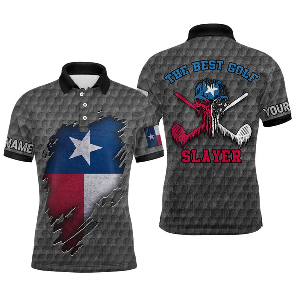 Max Corner Grey Ripped Texas Flag All Over Print Golf Polo Shirt For Mens, Texas Skull Mens Golf Shirts