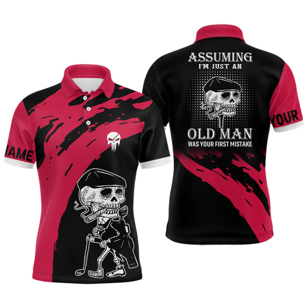 Max Corner Red And Black Mens Skull Golf Polo Shirts Personalized Golf Polos For Men, Crazy Golf Gifts