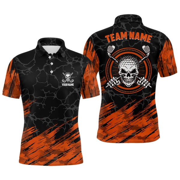 Max Corner Personalized 3D All Over Print Skull Mens Golf Polo Shirt, Orange & Black Golf Shirts For Men