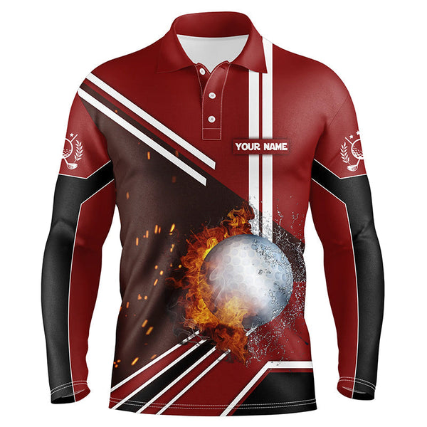 Max Corner Golf Ball On Fire And Water Red Golf Polo Shirts Personalized Flame Golf Shirts For Men