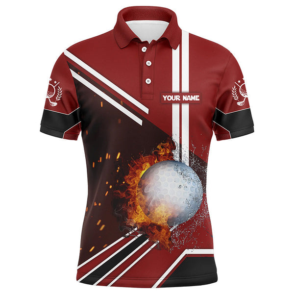 Max Corner Golf Ball On Fire And Water Red Golf Polo Shirts Personalized Flame Golf Shirts For Men