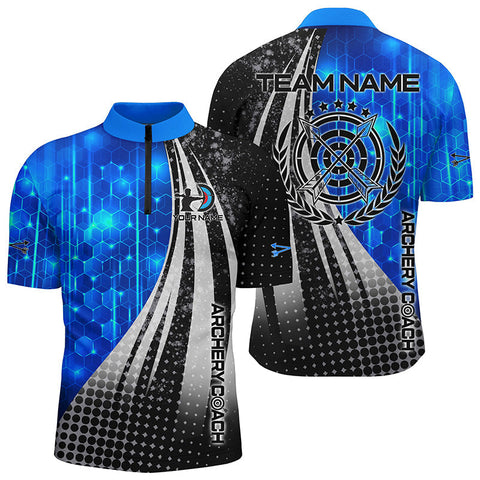 Max Corner Personalized Blue Black Honeycomb Pattern Archery Coach 3D Zipper Polo Shirt