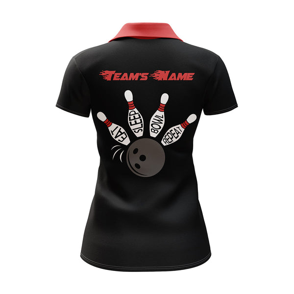 Maxcorners Vintage Red & Black Bowling Eat Sleep Bowl Repeat Customized Name 3D Shirt For Women