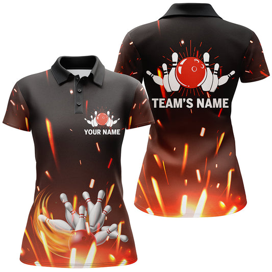 Maxcorners Flame Bowling Ball And Pins Customized Name All Over Printed Shirt For Women