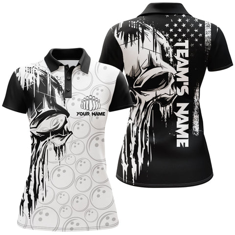 Maxcorners Black & White Skull Bowling Pattern USA Flag Premium Customized Name 3D Shirt For Women