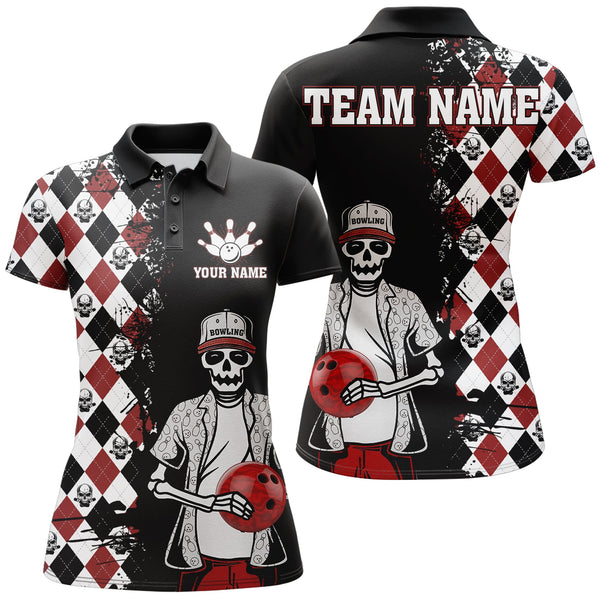 Maxcorners Skull Argyle Bowling Pattern Personalized All Over Printed Shirt For Women