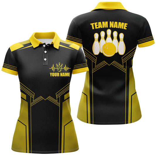 Maxcorners Yellow Bowling Ball And Pins Premium Customized Name 3D Shirt For Women