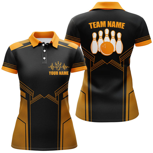 Maxcorners Orange Bowling Ball And Pins Premium Customized Name 3D Shirt For Women