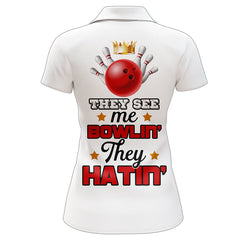 Maxcorners Red & White Bowling Funny They See Me Bowlin' They Hatin' Premium Customized Name 3D Shirt For Women