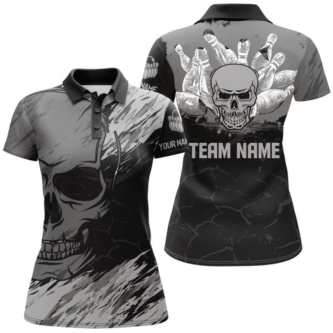 Maxcorners Black Skull Bowling Premium Customized Name 3D Shirt For Women