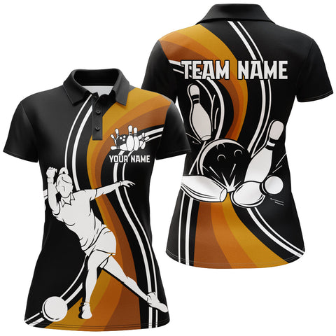 Maxcorners Black & Orange Bowling Personalized All Over Printed Shirt For Women