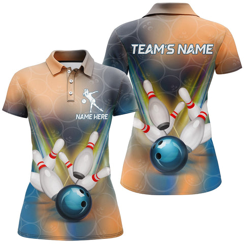 Maxcorners Bowling Blue Ball Multicolor Pattern Premium Customized Name 3D Shirt For Women