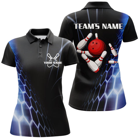 Maxcorners Black And Blue Vintage Bowling Hexagon Pattern Premium Customized Name 3D Shirt For Women