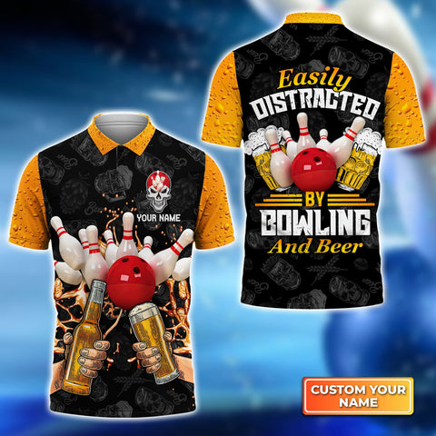 Maxcorners Easily Distracted By Bowling And Beer Customized Name 3D Shirt