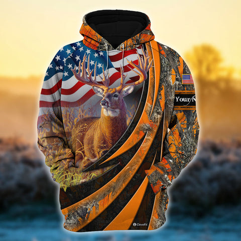 Max Corner US Flag Deer Hunting Camo Pattern Personalized 3D Hoodie For Hunting Lover