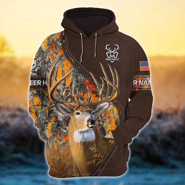 Max Corner Huntaholic Deer Hunting Loge Leather Pattern Personalized 3D Hoodie For Hunting Lover