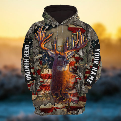 Max Corners Cracked Deer Hunting US Flag Pattern Style 1 Hunting Personalized 3D Hoodie