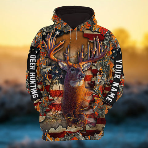 Max Corners Cracked Deer Hunting US Flag Pattern Style 3 Hunting Personalized 3D Hoodie