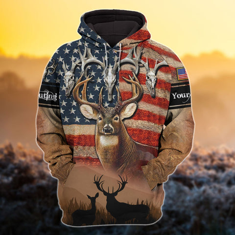 Max Corner Vintage Skull US Flag Deer Hunting Personalized 3D Hoodie For Hunting Lover