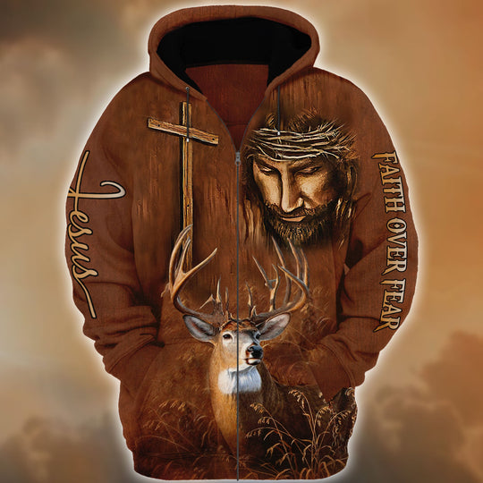 Maxcorners Premium Unique Faith Over Fear Deer Hunting Zipper Hoodies 3D1 HM