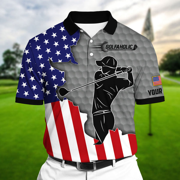 Max Corners Golfaholic US Flag Multicolor Personalized 3D Golf Polo Shirt