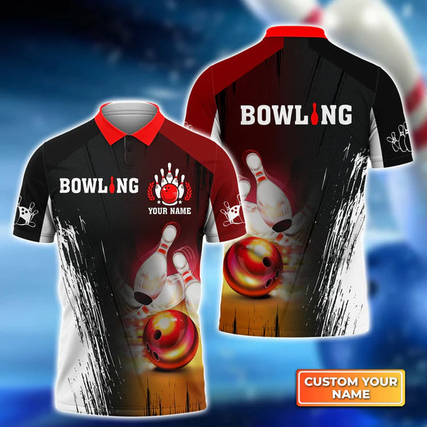 Maxcorners Red Bowling Ball Crashing Pins Personalized Name 3D Shirt