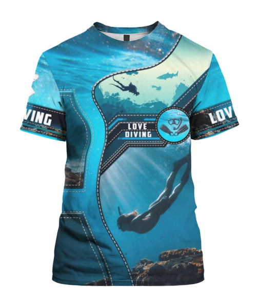 Maxcorners Scuba Diving Blue Love Diving Classic All Over Printed Shirt