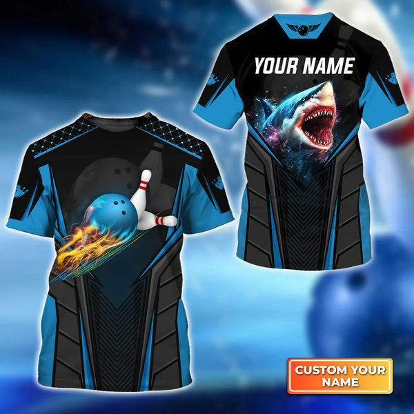 Maxcorners Shark Team Blue Bowling Ball Personalized Name 3D Shirt