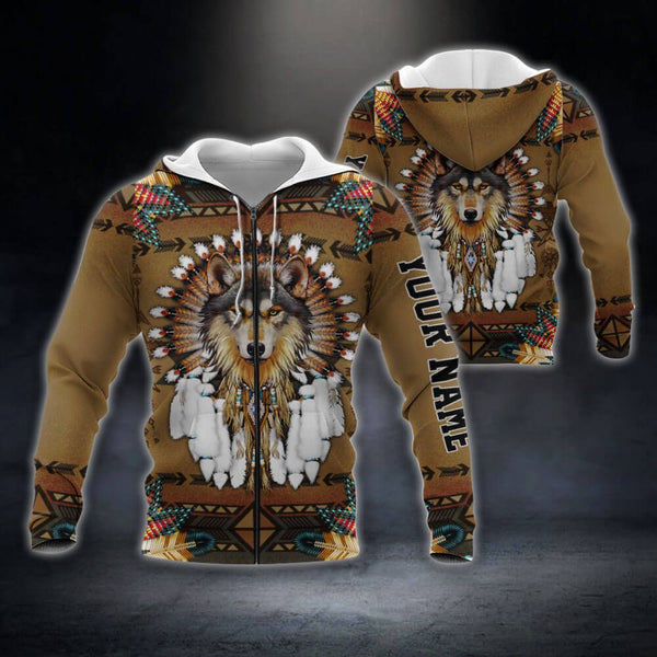 Maxcorners Personalized Wolf Native American Zip Hoodie Custom