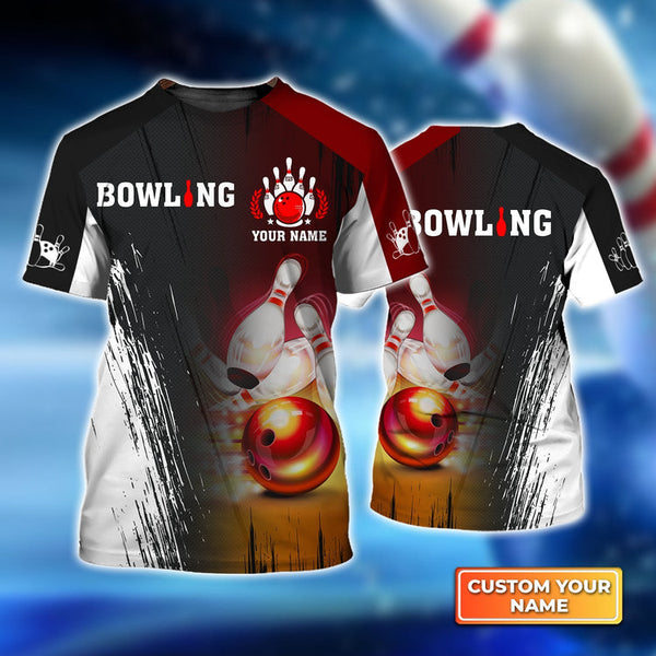 Maxcorners Red Bowling Ball Crashing Pins Personalized Name 3D Shirt