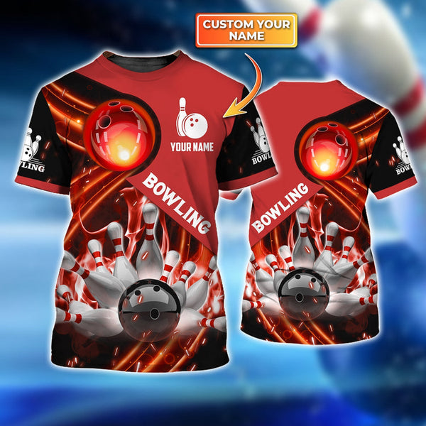 Maxcorners Red Bowling Ball In Fire Personalized Name3D Shirt